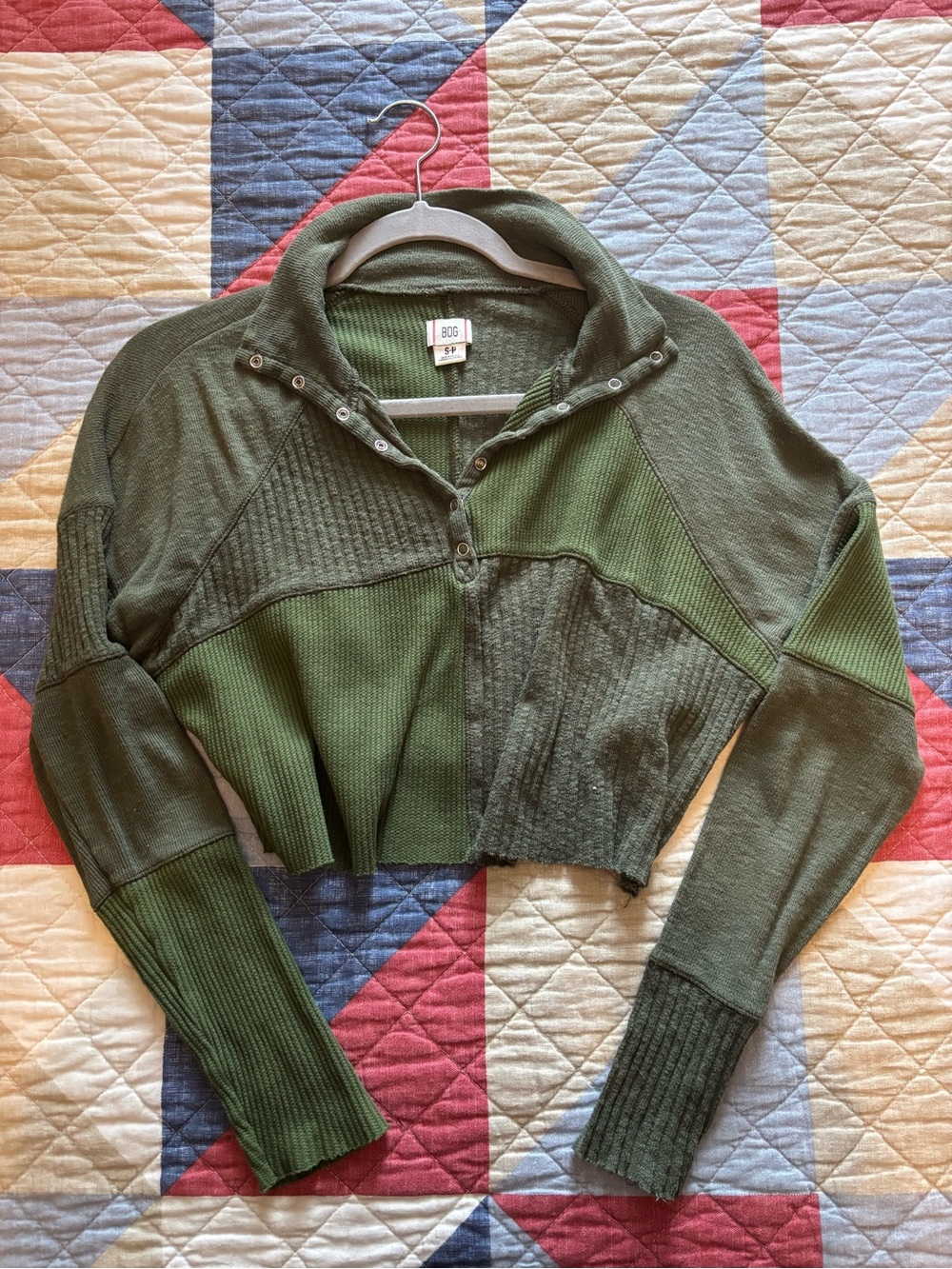 BDG Two-Tone Olive Green Cropped Button-Up Mock Shirt